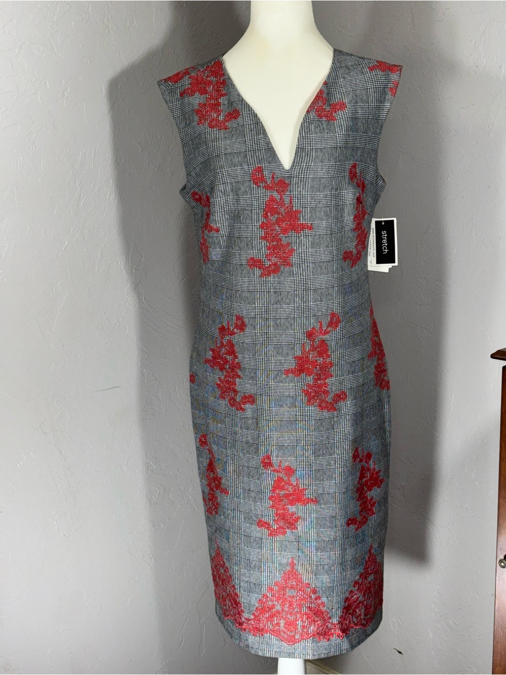 Sleeveless Gray Plaid Dress with Red Floral Embroidery